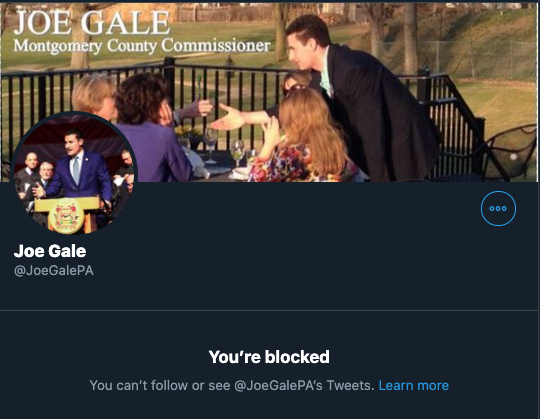 PaWomenRise's tweet photo. That did not take long to be blocked by @JoeGalePA. Our Twitter account has been up for a day. #JoeMustGo #PaWomenRise #MontCoPa #MontCoProtest #Blacklivesmatter https://t.co/weQMOon5Hz