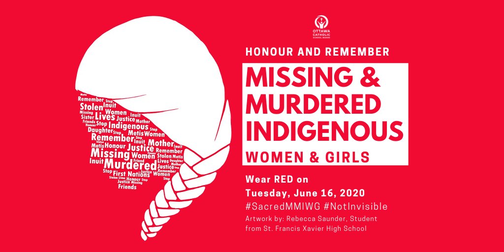 As part of National #IndigenousHistoryMonth, we are wearing RED 🔴 on Tuesday, June 16! Join us as we recognize and bring awareness to the injustice surrounding Murdered and Missing Indigenous Women and Girls. #SacredMMIWG #NotInvisible #ocsbAtHome #ocsbIndigenous #MMIWG