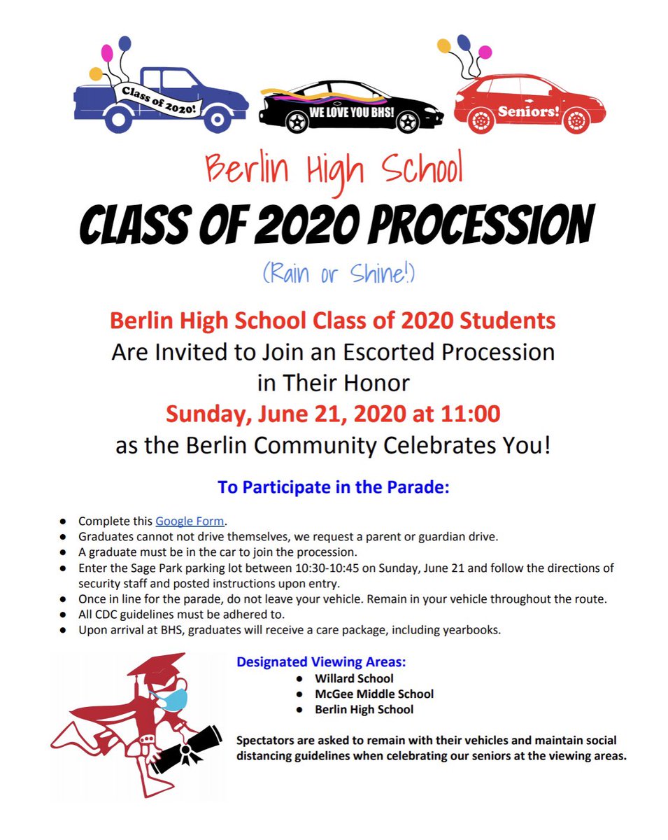berlinclass2020's tweet photo. ATTENTION SENIORS!! To honor our original graduation we have organized a car parade to recognize all of our accomplishments. Please fill out the link attached and check out the flyer‼️ https://t.co/A2ncdmd6pM https://t.co/y3TmnzLCIb