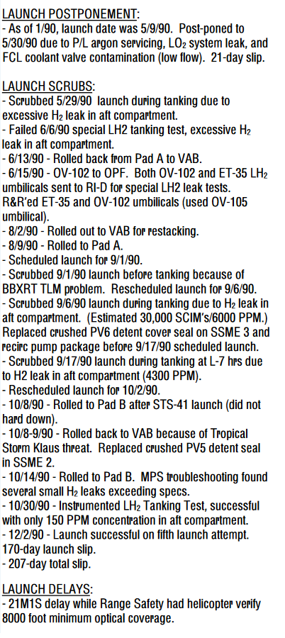SpaceAboveUs's tweet photo. I forgot! I wanted to include this gigantic list of delays. You really gotta feel for the crew of STS-35 and everyone working so hard to get them on orbit! #STS35 4/3 https://t.co/geQPpgZuFw