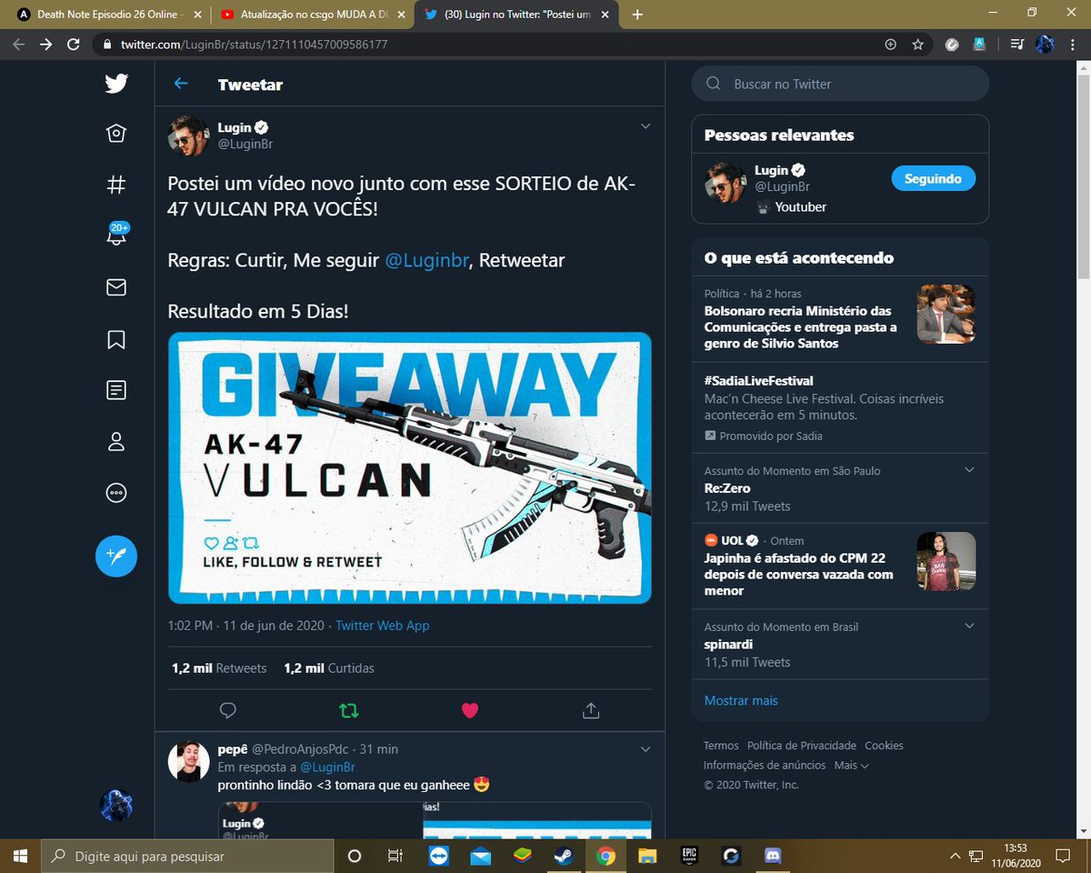 PratesRuas's tweet photo. @LuginBr Espero ganha essa ak 47 pelo menos uma vez nesse sorteio já fiz tudo Lugin só espera o resultado https://t.co/Bj5Vu54xCZ
