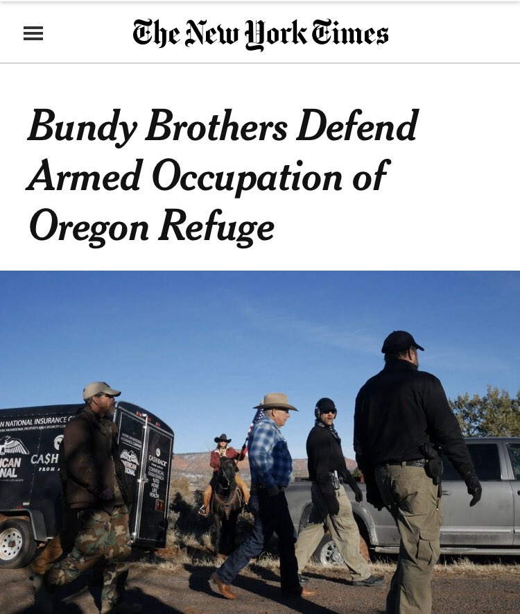 It seems not all takeovers are created equal. Here’s a THREADabout the ways outlets have talked about the anarchy of the  #SeattleAutonomousZone vs. the 2014 Bundy standoff in Oregon. Starting with  @nytimes. Can you spot the difference?