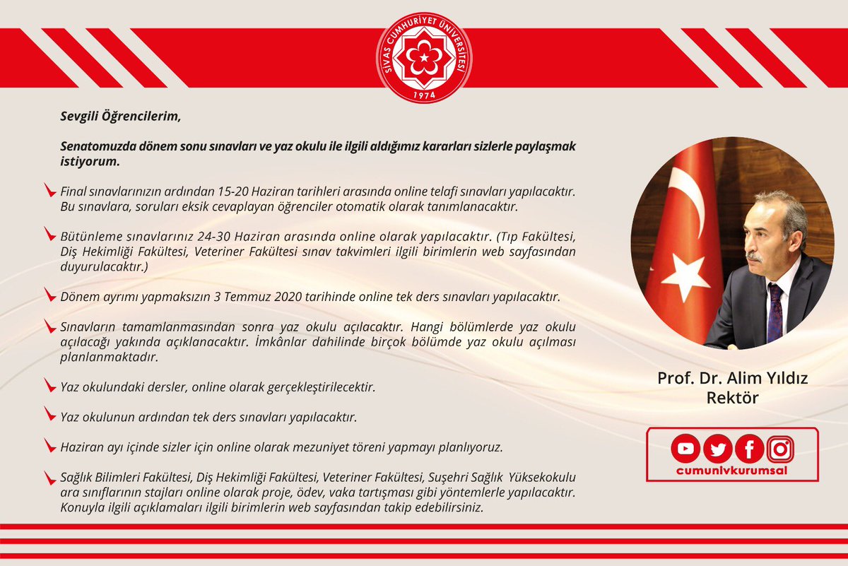 cumunivkurumsal's tweet photo. Sevgili öğrencilerimiz,
Üniversitemiz Senatosunda dönem sonu sınavları ve yaz okulu ile ilgili alınan kararlar⤵️ https://t.co/OQFuVTFFz2