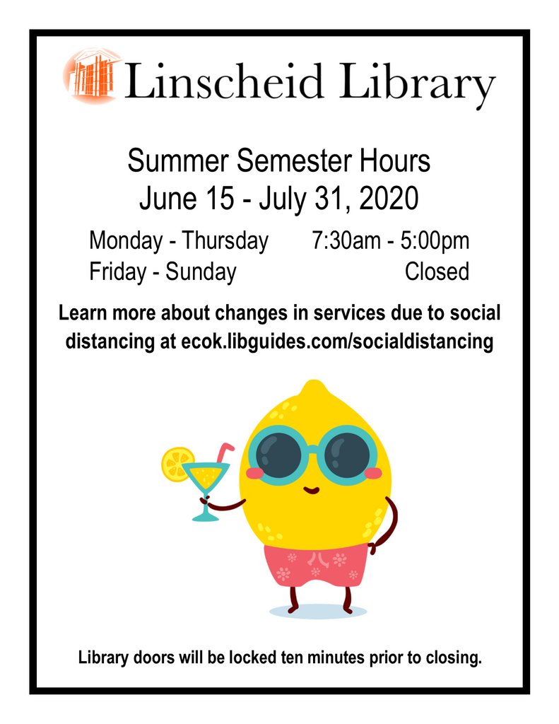 The library will be open from 7:30 a.m.-5:00 p.m. starting on June 15 and until July 31. Learn more about changes in services due to social distancing at ecok.libguides.com/socialdistanci…
<a href="/ECUTigerUpdates/">East Central University</a> 
#ecoklibrary #ecutigers #summerhours #socialdistancing
☀️😎😷