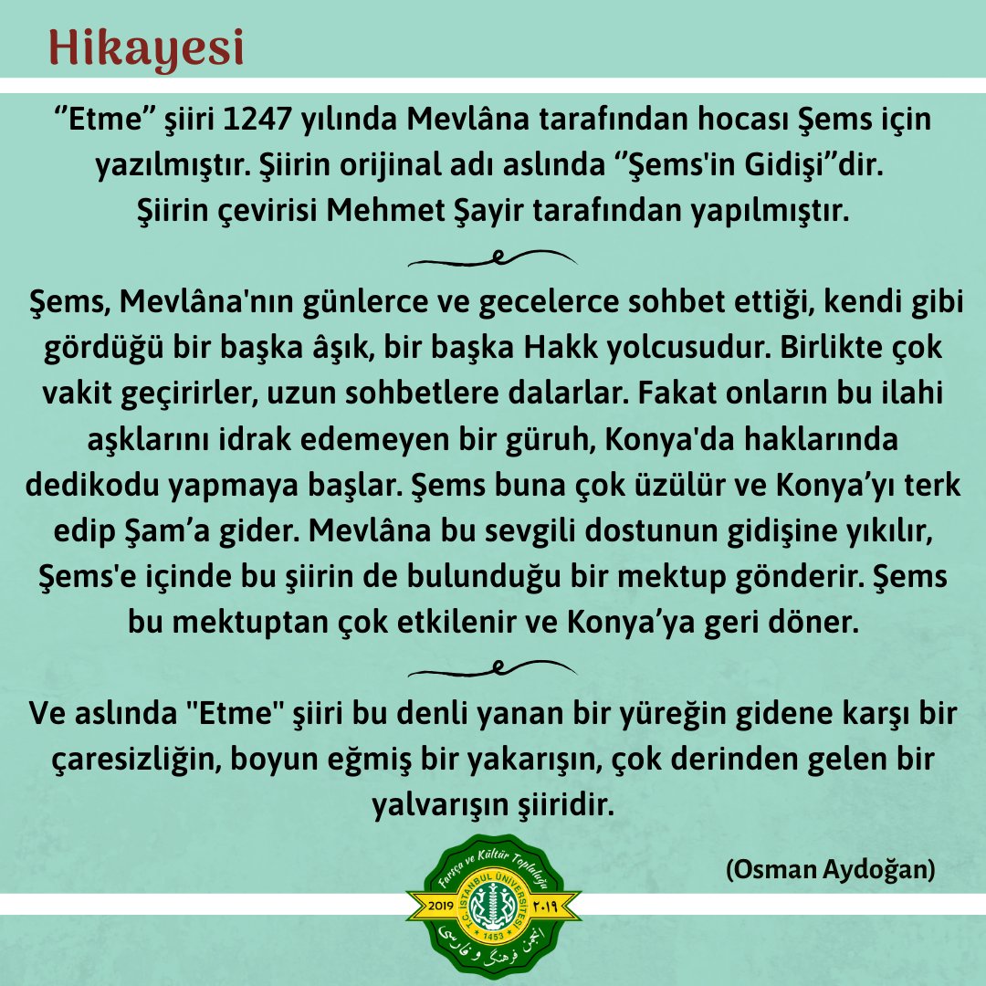 iufarkut's tweet photo. ⏳Mevlana'nın, Şems-i Tebrizi'nin ayrılışı üzerine yazdığı "Etme" şiirinin ilk dört beyiti ve şiirin hikayesi ⏩
#mevlana #semsitebrizi #siir #farsca #turkce https://t.co/4eljvyV2QO