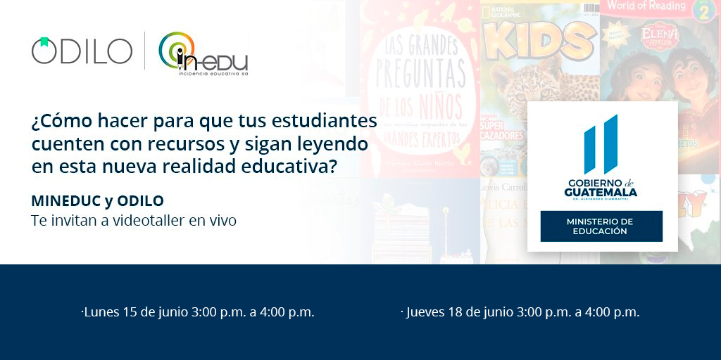 ODILO_ES's tweet photo. ¡Nuevas fechas! 📢 Docentes de #Guatemala, @MineducGT, #INEDU &amp; #ODILO os invitan al Vídeo Taller de formación del Recurso Humano Educativo.

📆15 de junio: 3:00 p.m. a 4:00 p.m.
📆18 de junio: 3:00 p.m. a 4:00 p.m.

Más información: https://t.co/GdE8K5nKeA

¡Os esperamos! https://t.co/O8d48y57w4