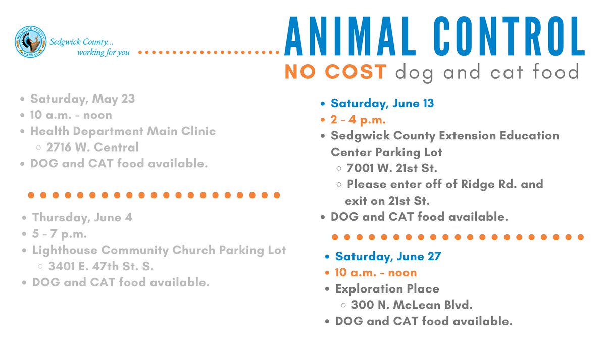 SedgwickCounty's tweet photo. Sedgwick County Animal Control is giving away DOG and CAT food at no cost at various locations. There will be no access to buildings and this will be a drive through/no contact distribution event. Please stay in your cars and stay tuned for updates. https://t.co/5Gb4KCy1ck
