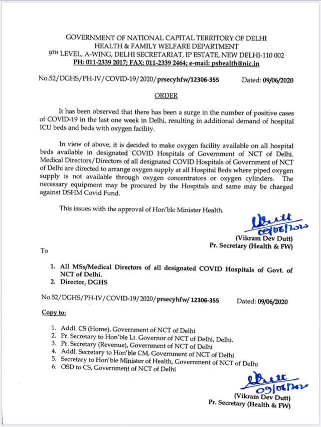 ANI's tweet photo. Delhi Government issues order directing all designated #COVID19 hospitals to make oxygen facility available on all of their beds. Decision taken in view of the surge in positive cases in Delhi in last one week. https://t.co/bLMUeRkyVh