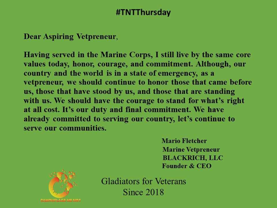 CamouflageMeNot's tweet photo. #TNTTHURSDAY!

Our focus for June is #gladiatorsonsocialmedia, which provides CMN’s statistics and advice for fellow veteran entrepreneurs as well as sharing tips for professional growth. 

#Advocacy #Research #Collaboration #CamouflageMeNot 
#GladiatorsonSocialMedia https://t.co/0Oc4h6FSIN
