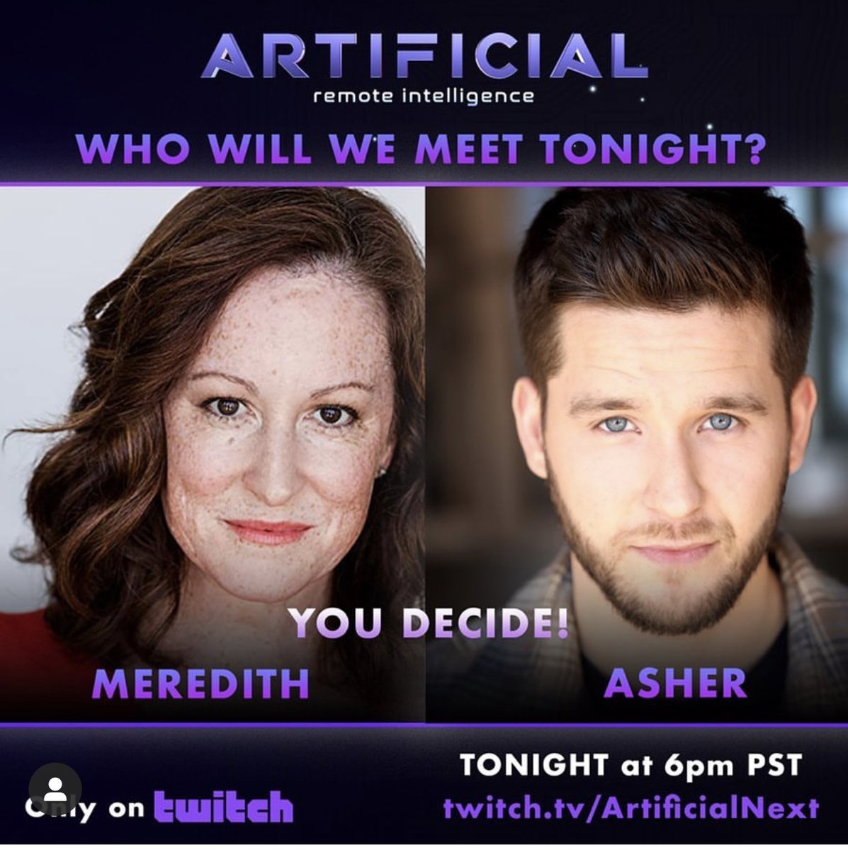 StaceyRMoseley's tweet photo. Tune it to @Twitch at 6pm and help decide if you meet my character tonight! @ArtificialNext #artificialnext #twitch https://t.co/9I2F2R7LZ3