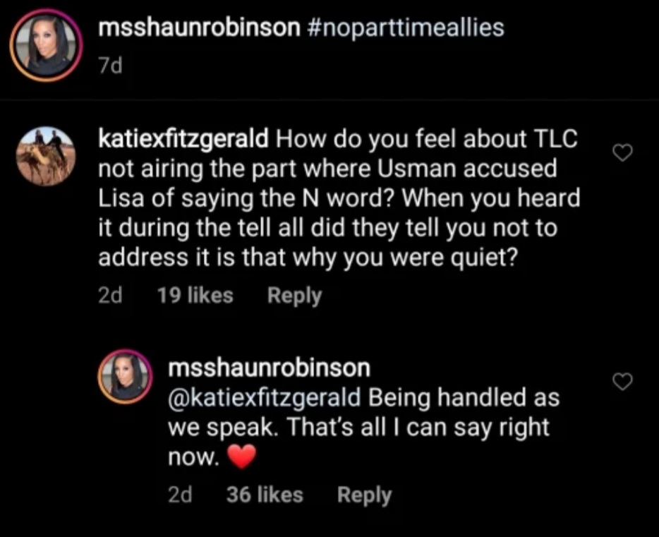 So not only was Baby Girl Lisa fired from the show, TLC also did not air the Tell All segment when Usman accused Lisa of using the N word. 🙄 Shaun Robinson briefly addressed it (ie, didn't deny it) when she was asked on IG. 
#90DayFiance