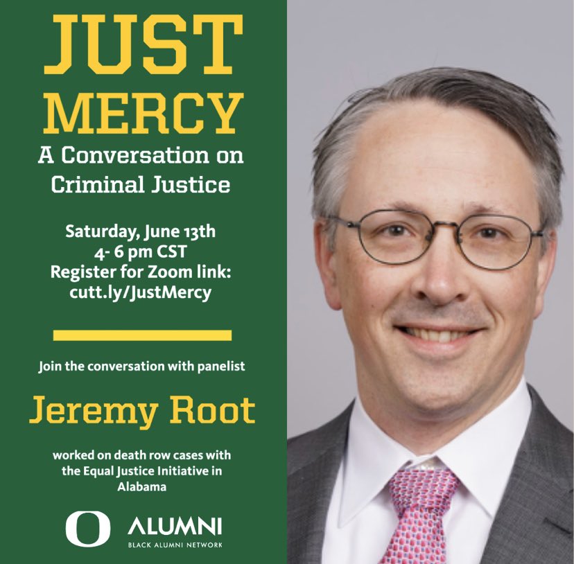 Panelist Jeremy Root;NYU School of Law, worked w/Bryan Stevenson @ the Equal Justice Initiative. undergrad degree from Bates College &amp; also studied @ Morehouse College in ATL. Throughout his career has represented accused&amp; incarcerated people pro bono. Cutt.ly/JustMercy