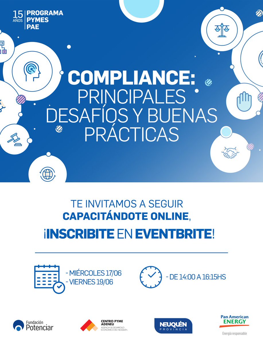 Adeneu's tweet photo. Mediante el abordaje de los principales ejes del compliance (cultura del cumplimento) se planteará al empresariado local diversas herramientas que le permitan alinear sus políticas a este nuevo paradigma.

¡Cupos limitados! Inscribite de forma gratuita >https://t.co/gHDFowOye6< https://t.co/E03be7kM4B