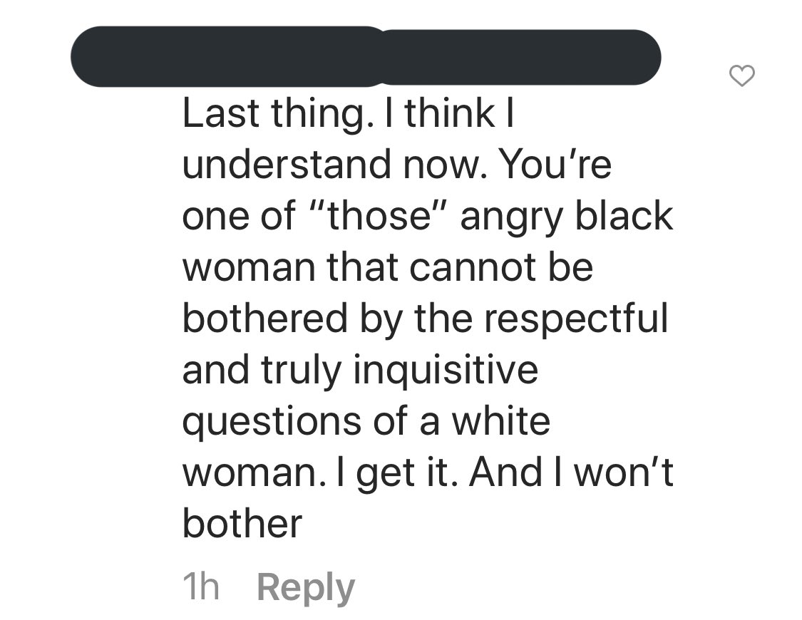 like clockwork. please look at how my very calm & tame response to “do me a favor & educate me” was turned into “you’re one of those angry black women” this is also why i’m not impressed when white folks hold up a token Black person to validate their racist opinions