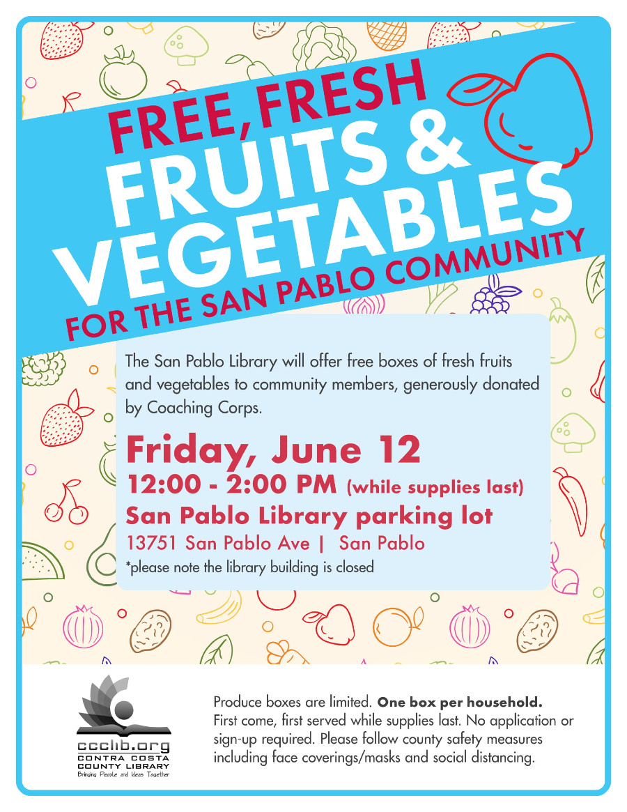First come, first served. Boxes of fruits and veggies will be handed out at <a href="/SanPabloLibrary/">SanPabloLibrary</a> tomorrow beginning at noon. bit.ly/2XTx7Le