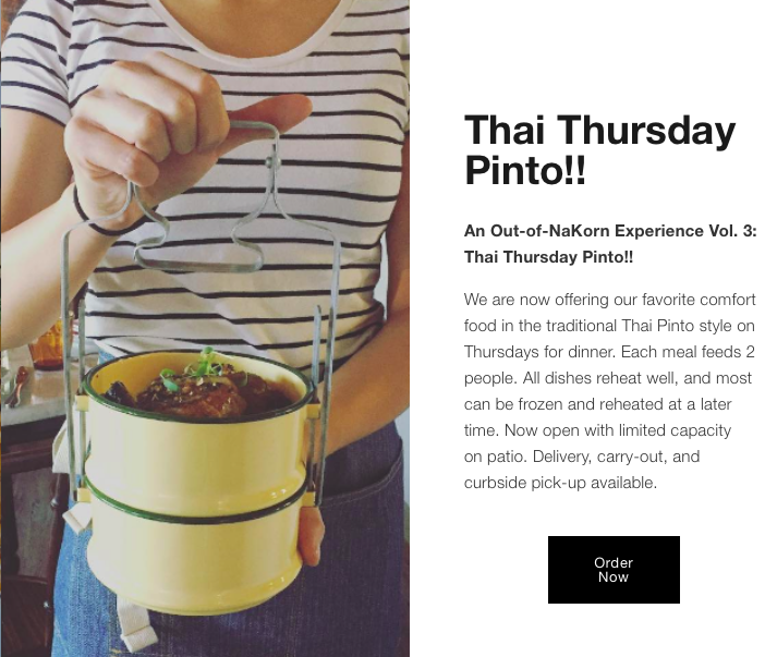 Try #Thai with an 'Out-of-NaKorn Experience" that is "Thai Thursday Pinto!" Order Thursday to enjoy a delicious authentic meal for 2! Can't make it? Freeze it! Delivery/carryout/ curbside pickup. Details: ow.ly/64II30qOr33 

<a href="/NaKornKitchen/">NaKorn Restaurant</a> #evanstonIl #tiffinbox