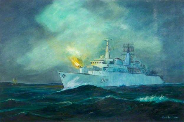 FirstFalklands's tweet photo. June 11/12: HMS Glamorgan agrees to stay longer in the gunline to the south, supporting the attack on Two Sisters with her twin 4.5" guns. North of Stanley, HMS Avenger, Arrow &amp; Yarmouth add their fire to the maelstrom, the four firing off an incredible 788 rounds of 4.5" shells. https://t.co/z5URRf7Glu