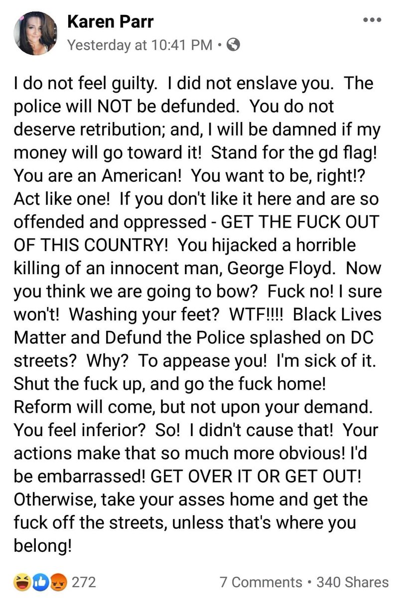 melcarnoahan's tweet photo. @OfficialFBOP JUST WANTED TO INFORM YOU OF ONE OF YOUR EMPLOYEES AND HER RACIST MOUTH ON FACEBOOK! THIS IS TOTALLY UNESSACARY !! KAREN PARR BATES FROM FREDERICKSBURG VIRGINIA ‼️‼️ https://t.co/eBxXGxfLXA