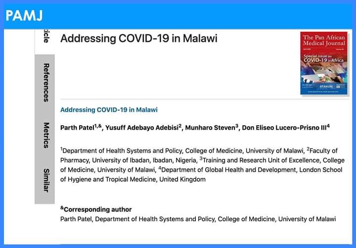 Published a paper in the Pan African Medical Journal with a fantastic team of fellow Global Health Experts - Addressing COVID-19 in Malawi. Click on the link to read the full text article panafrican-med-journal.com/content/series…

#covid #globalhealth #journal #article