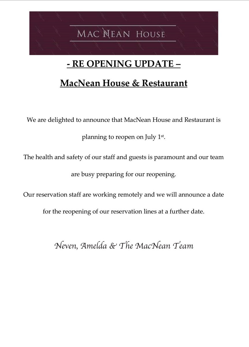 macneanhouse's tweet photo. ✨RE OPENING UPDATE✨
Just over 12 weeks since @nevenmaguire & Amelda made the decision to close MacNean House & Restaurant.
Today we have news of our reopening which our team are planning! https://t.co/qZAO5uaKel