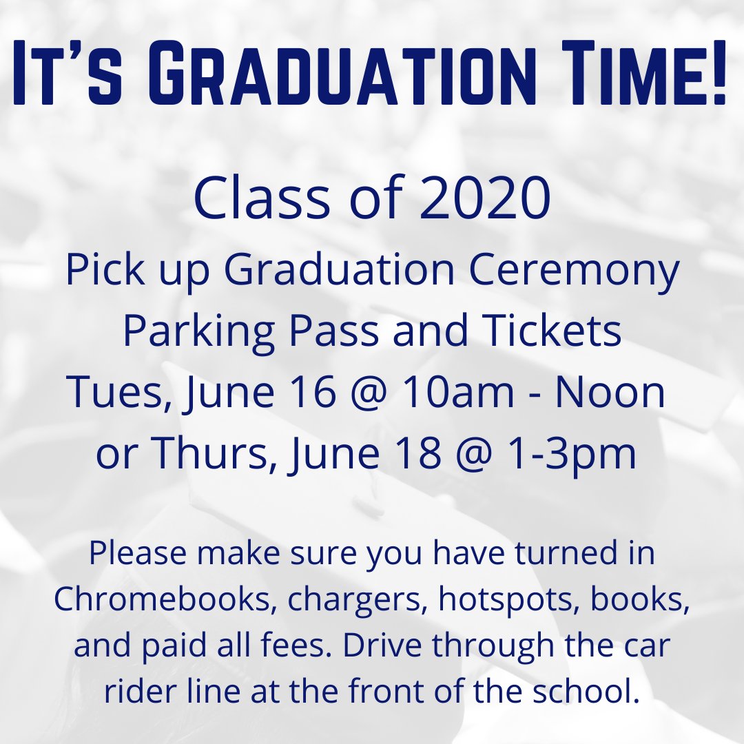 ParkwoodHSNC's tweet photo. #UCPSClassof2020 Pick up your Graduation Ceremony Parking Pass and Tickets on Tues, 6/16 from 10am-12pm or Thur, 6/18 from 1-3pm. Please make sure you have settled all accounts. Drive through the car rider line at the front of the school. #TeamPWHS @AGHoulihan @UCPSNC https://t.co/Fx2WQaNg1h