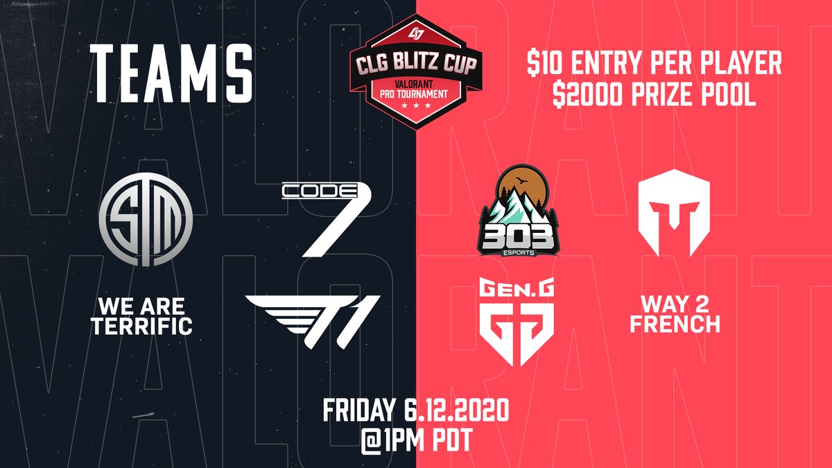 Introducing the invited teams to the CLG Blitz Cup. 👀

Teams:
- <a href="/TSM/">TSM</a> 
- <a href="/Immortals/">Immortals</a> 
- <a href="/GenG/">Gen.G Esports</a> 
- @303Valorant
- <a href="/TeamCode7/">Code7</a> 
- <a href="/T1/">T1 VALORANT</a> Academy
- Way 2 French
- We Are Terrific Together

All going down TOMORROW at 1 PM PT. 
Register: clg.am/BlitzCup2