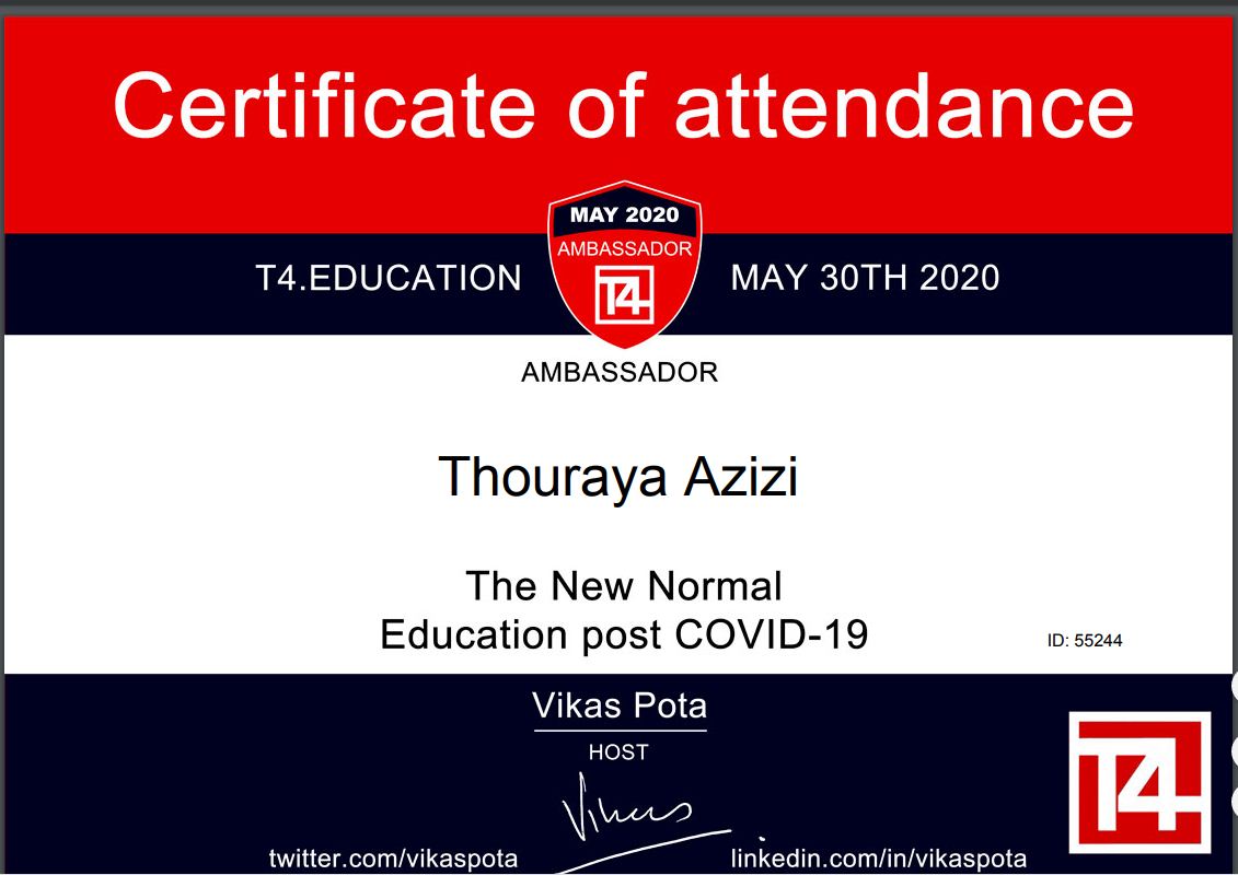Azizi Thouraya (@azizi_thouraya) on Twitter photo So proud of this certificate Thank you so much
<a href="/T4EduC/">T4 Education</a>
<a href="/VikasPota/">Vikas Pota</a>
<a href="/MicrosoftEDU/">Microsoft Education</a>
#RmoteLeraning #t4conf #MIEExpert So proud of this certificate Thank you so much
<a href="/T4EduC/">T4 Education</a>
<a href="/VikasPota/">Vikas Pota</a>
<a href="/MicrosoftEDU/">Microsoft Education</a>
#RmoteLeraning #t4conf #MIEExpert