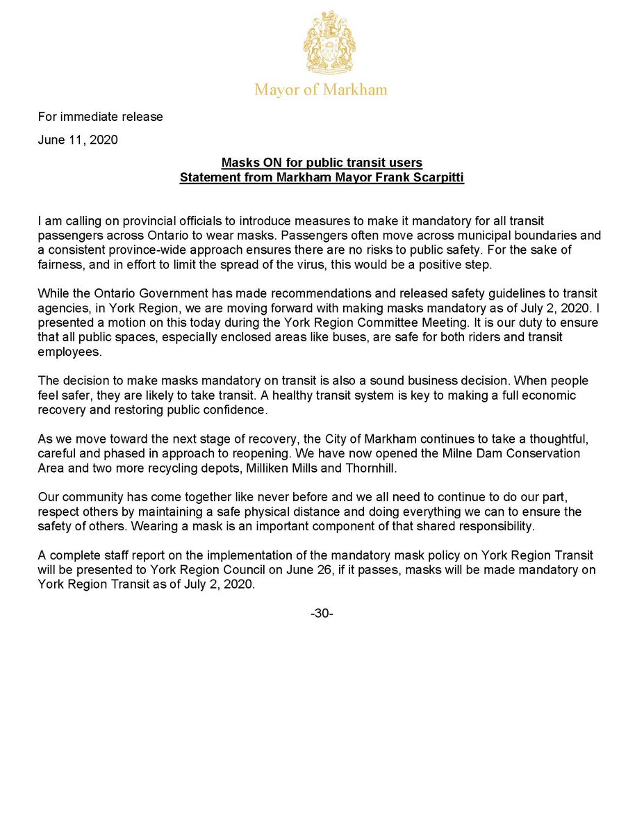 frankscarpitti's tweet photo. STATEMENT: I am calling on provincial officials to introduce measures to make it mandatory for all transit passengers across Ontario to wear masks. 

I put forward a motion to make masks mandatory on @YRTViva,  as of July 2, 2020.

#onpoli #YorkRegion #SafetyFirst https://t.co/7Gn7XAVoM5