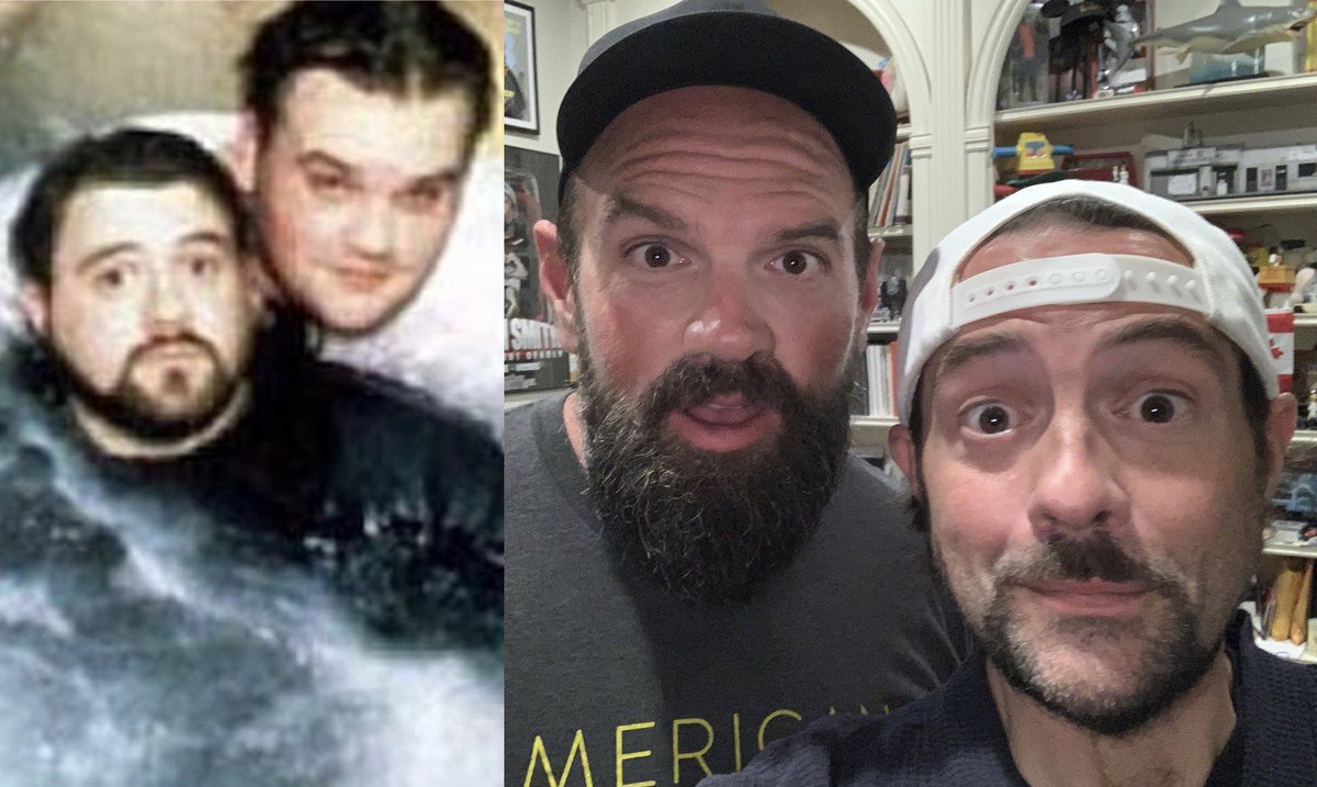 ThatKevinSmith's tweet image. MALLRATS TOO! On the left is me and @EthanSuplee in 1995, from the hot tub photo we took during #Mallrats! On the right is me and Ethan 2 weeks ago, when we recorded a new #SModcast AND a new episode of Ethan’s @GluttonPodcast! We talk about losing the weight at the links below!