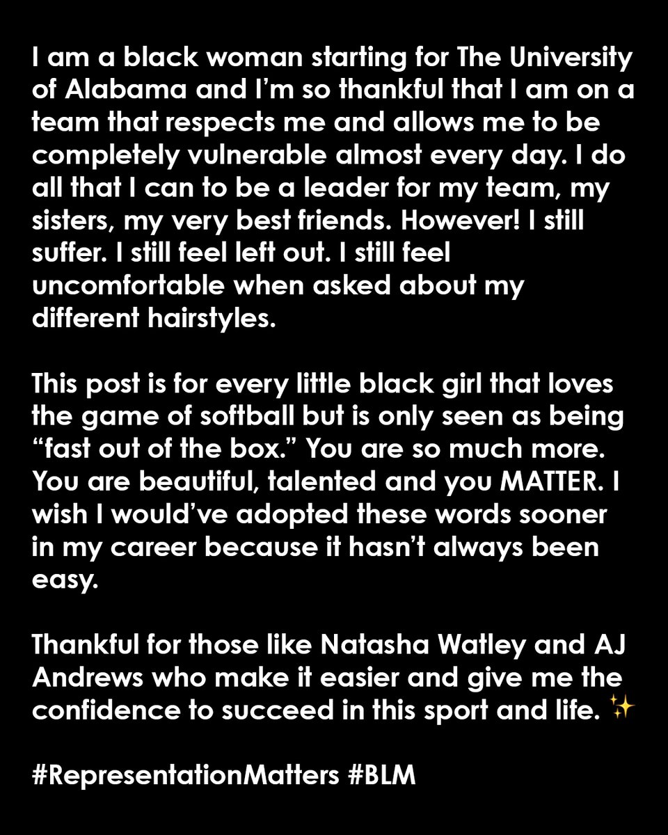 NCAA Softball (@ncaasoftball) on Twitter photo This post is for every little black girl that loves the game of softball but is only seen as being โfast out of the box.โ
You are so much more.
๐๐จ๐ฎ ๐๐ซ๐ ๐๐๐๐ฎ๐ญ๐ข๐๐ฎ๐ฅ, ๐ญ๐๐ฅ๐๐ง๐ญ๐๐ ๐๐ง๐ ๐ฒ๐จ๐ฎ ๐๐๐๐๐๐.
๐ฃ <a href="/Lissatiara22/">Elissa Brown</a> This post is for every little black girl that loves the game of softball but is only seen as being โfast out of the box.โ
You are so much more.
๐๐จ๐ฎ ๐๐ซ๐ ๐๐๐๐ฎ๐ญ๐ข๐๐ฎ๐ฅ, ๐ญ๐๐ฅ๐๐ง๐ญ๐๐ ๐๐ง๐ ๐ฒ๐จ๐ฎ ๐๐๐๐๐๐.
๐ฃ <a href="/Lissatiara22/">Elissa Brown</a>