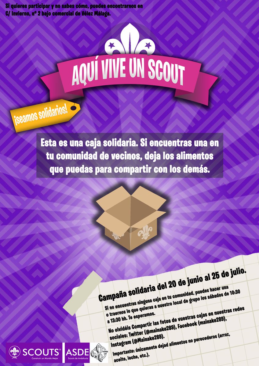 mainake289's tweet photo. L@s Scouts debemos ser solidari@s y comprometernos con la realidad. Desde nuestro grupo, hemos preparado esta campaña para ayudar en nuestro entorno más cercano. Juntos con @scout_es @SdAMalaga @SCOUTSAND, construyendo un mundo mejor.
#SoyScoutEnAndalucía
#SomosScoutsDeAndalucía https://t.co/92kniSEfvV