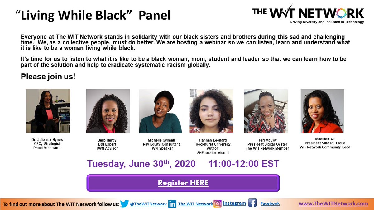 TheWITNetwork's tweet photo. Please join us on June 30th to listen and learn from this brilliant panel. 

#BlackLivesMatter #Diversity #Inclusion #TheWITNetwork

Register here: https://t.co/3YuCZK75qY https://t.co/QpES0XYEM9
