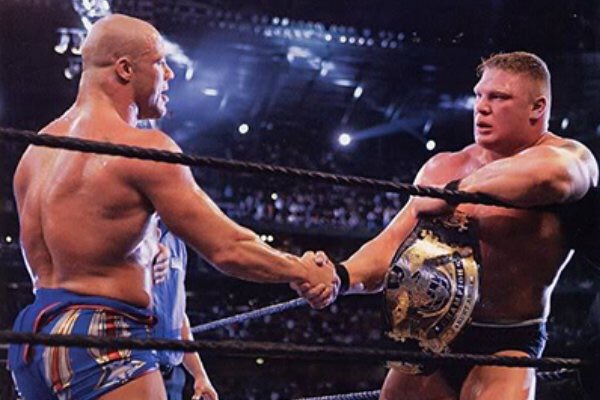 At Wrestlemania X-nine, Royal Rumble winner Brock Lesnar would defeat Kurt Angle after an F-15 for his 2nd WWE Championship.This combined with Kurt’s 1996 Olympic Gold shows that if you want to succeed, try breaking your frickin’ neck. #WWE  #AlternateHistory  #AlsoReality