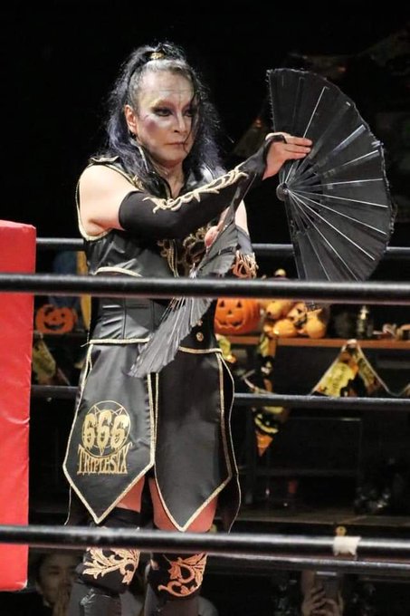 Next, the Dark Shaman Morinosu. Morinosu is one of TripleSix’s mythical characters. A practitioner of the dark arts, Morinosu’s character appears to be non-binary. Morinous will appear in over the top dresses to open the show and then scale it back for in-ring work.  #pr666