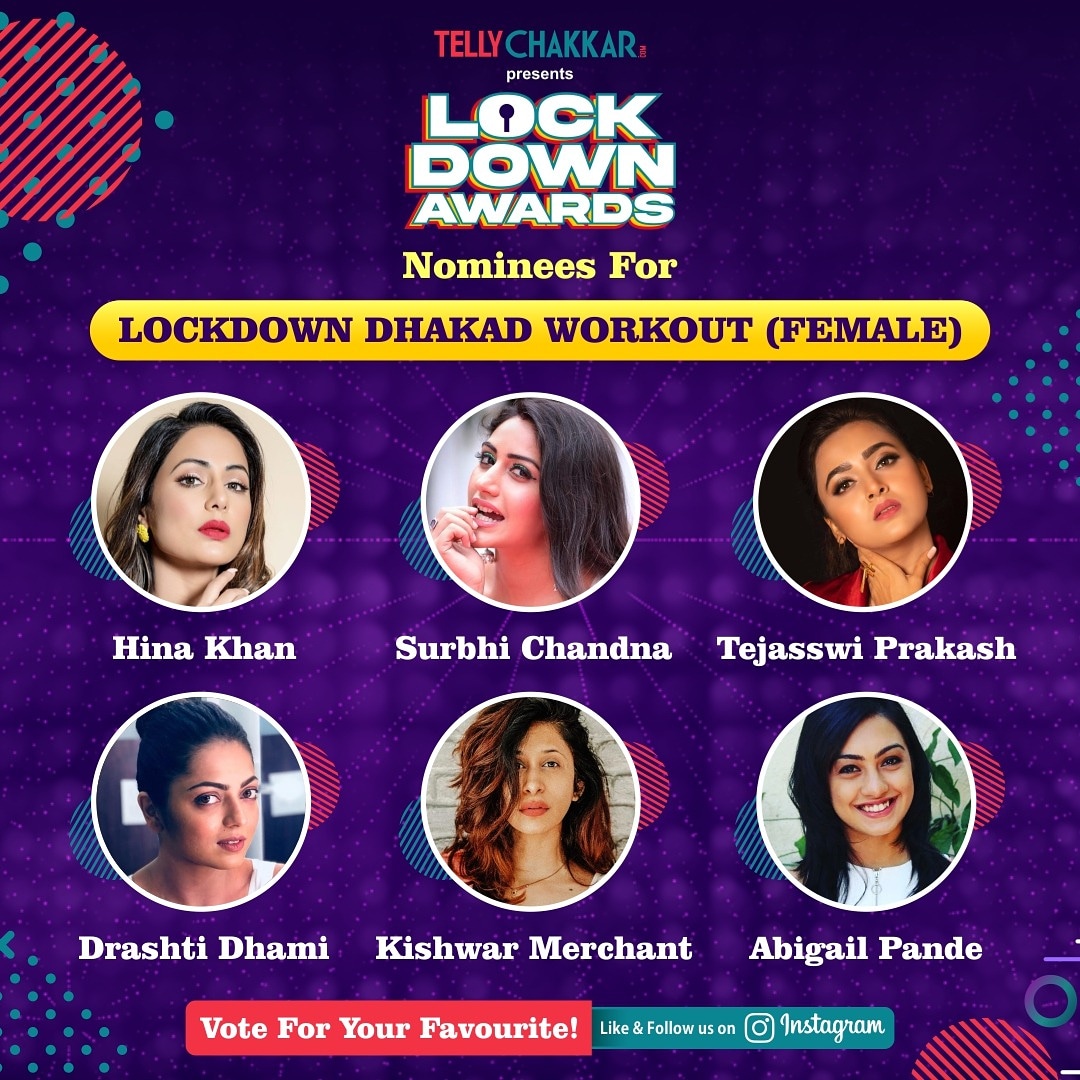 tellychakkar's tweet photo. We present you the nominees for Lockdown Dhakad Workout (Female)
@eyehinakhan @SurbhiChandna @tejasswiprakash Drashti Dhami @KishwerM @abigail_pande
Note- 1 Vote per Person- 1 comment. Tag your favorite in the comment section only on Instagram 
Follow - https://t.co/yNbjmYYRC9 https://t.co/8Nf0ysLGOk