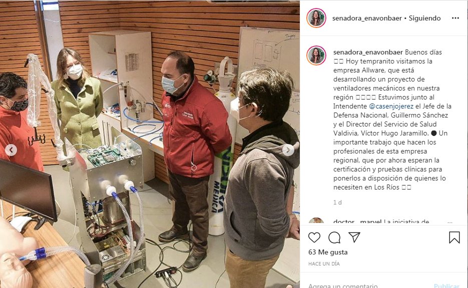 allware's tweet photo. Visita de senadora Ena von Baer @enavonbaer e Intendente Cesar Asenjo @casenjojerez para conocer el primer ventilador mecánico intensivo desarrollado por empresas de #Valdivia Allware y Unmanned.

Ver esta publicación de Instagram de @senadora_enavonbaer https://t.co/RWAl8NepxG https://t.co/jfhRWWlwVC