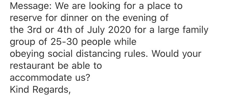So heart-wrenching not to be able to answer positively to such a lovely booking <a href="/RAI_ie/">Restaurants Association of Ireland</a> <a href="/mistereatgalway/">Dr. Jp McMahon</a> <a href="/LeoVaradkar/">Leo Varadkar</a> <a href="/Paschald/">Paschal Donohoe</a> do you realise the destruction not only to our businesses but our lives?
