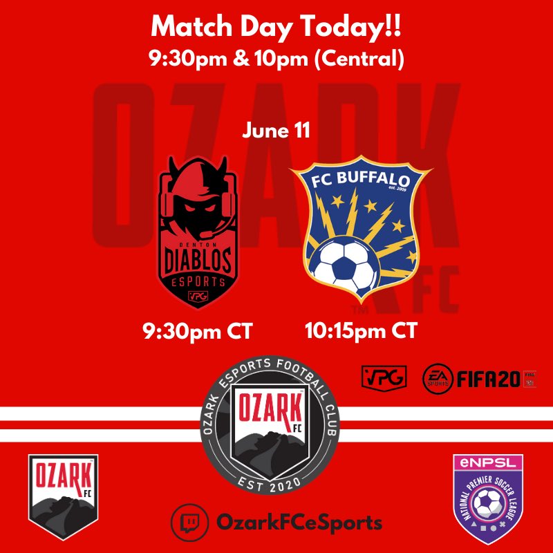 Back in action tonight in the #enpsl. A great test for the guys with @dentondiablosfc and a shot at redemption from Tuesday’s loss to @fcbuffalo

Catch the action on all the social channels at 9:30pm and 10:15pm central time.

Twitch.tv/OzarkFCeSports 
Facebook
YouTube