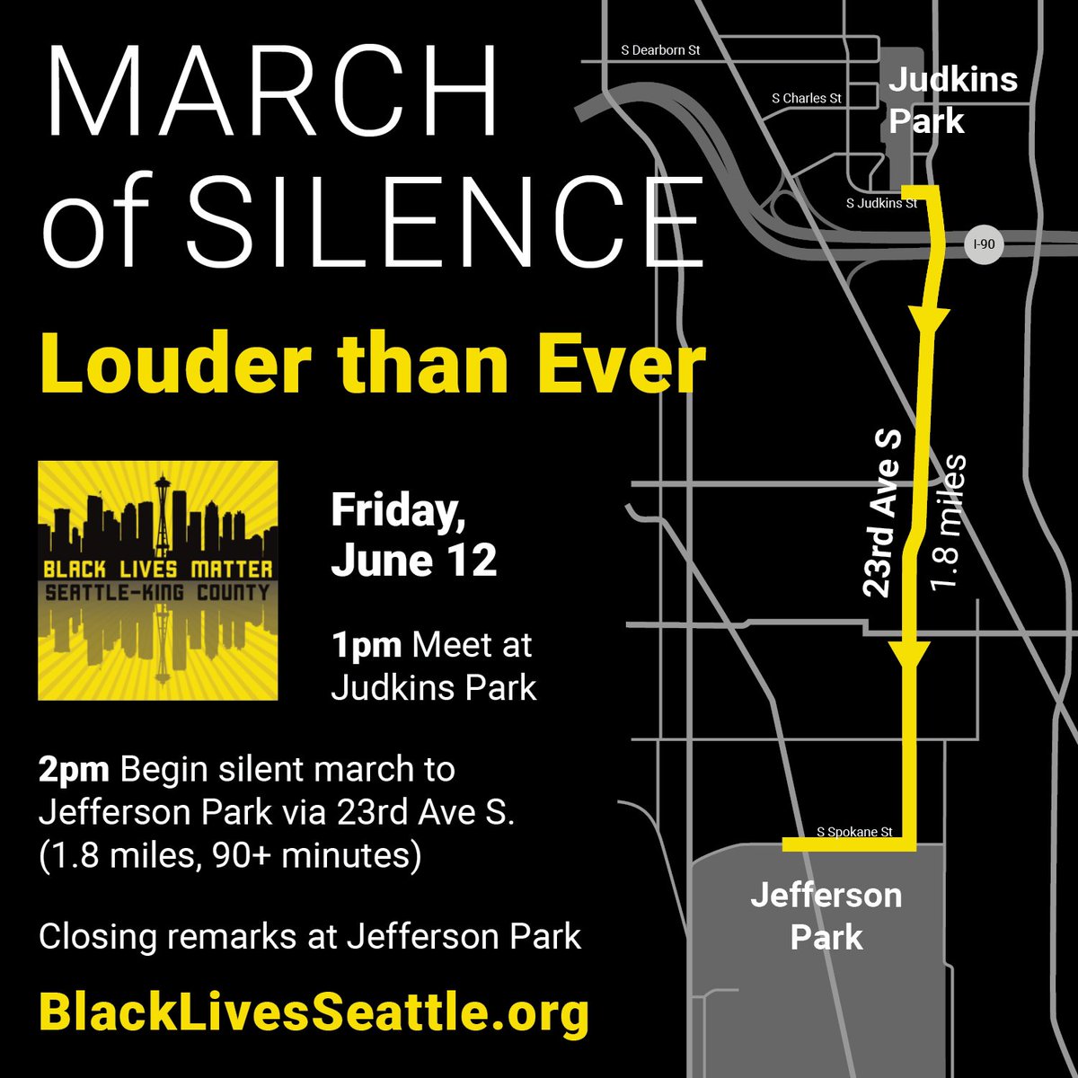 BLMSeattleKC's tweet photo. 🔇❗️❗️JOIN US THIS FRIDAY: March of Silence, Louder Than Ever. Starting 1pm at Judkins Park. More details on our site: https://t.co/gUYz6rE6fS #BLM #BLMSeattle #BLMStrikeOut https://t.co/NDotOTbR7t