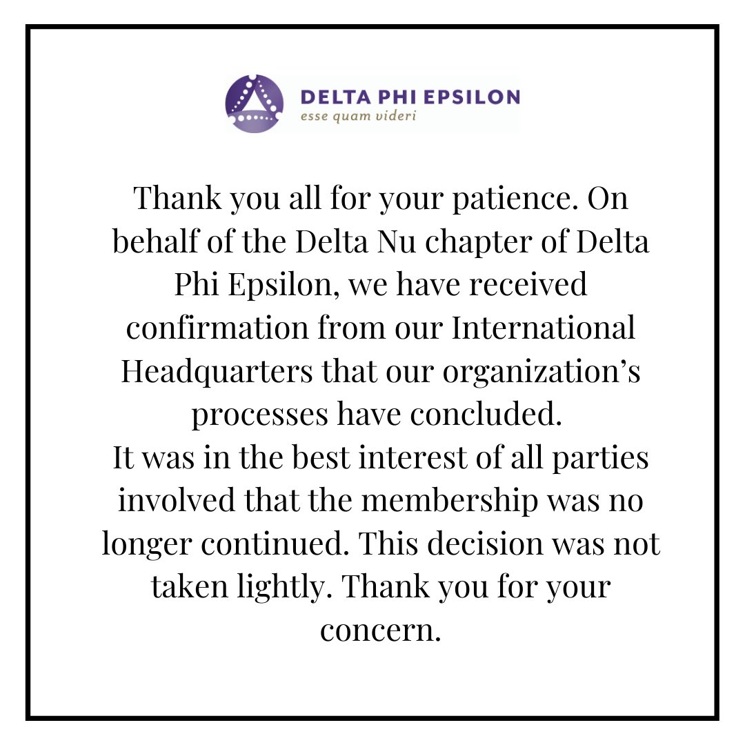 An update from the sisters of Delta Phi Epsilon, Delta Nu.