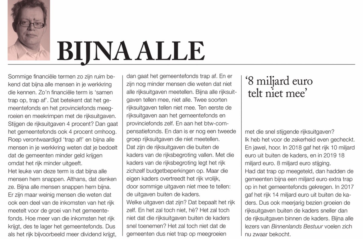 Mijn column in <a href="/BBnieuws/">Binnenlands Bestuur</a> van morgen over het accres van het #gemeentefonds. Dat gaat niet helemaal trap-op mee met álle rijksuitgaven...