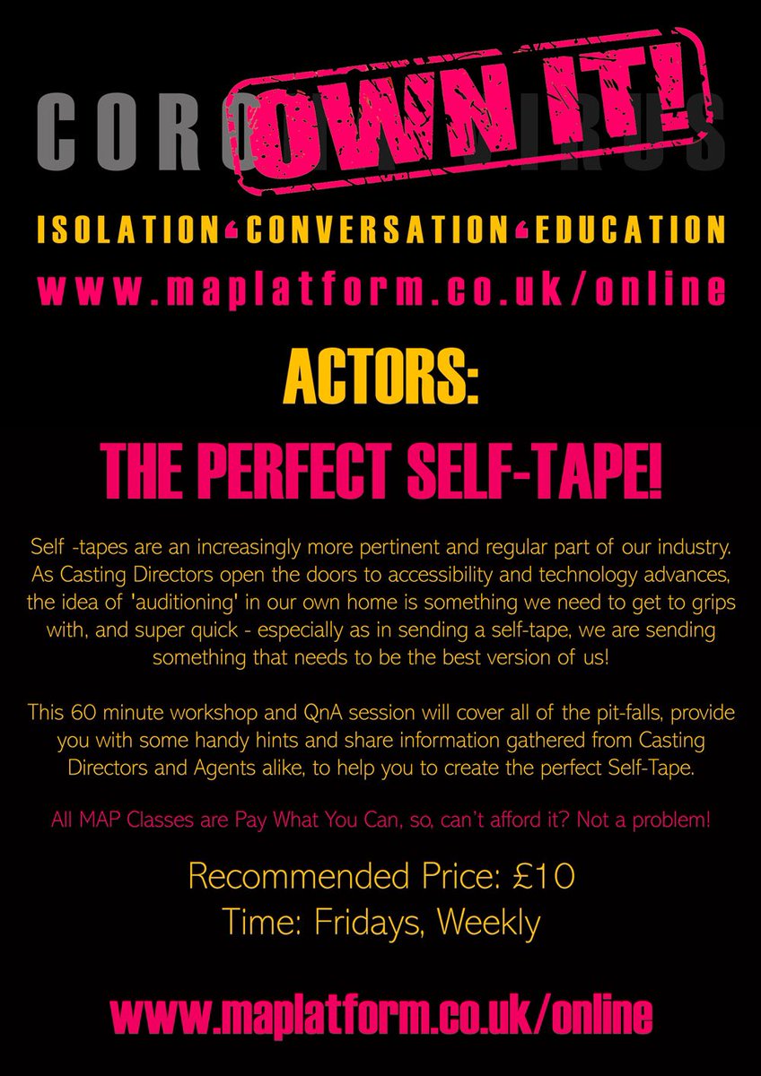Tomorrow at the earlier time of 12 Noon, we still have place on our #PayWhatYouCan #SelfTape workshop. Make sure that the work you’re submitting is the very best with our handy hints! Come join us for an hour; maplatform.co.uk/online ❤️🐝