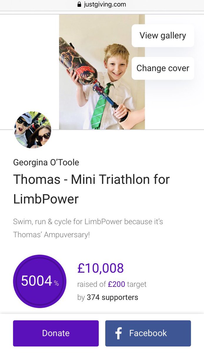 GeorginaEOToole's tweet photo. Wow, wow, wow! Thomas’ Ampuversary Triathlon for LimbPower has now raised over £10,000!!! I just want to say thank you again for everyone’s generosity. It’s been absolutely amazing. Think Thomas is a little overwhelmed. Such lovely messages from everyone too. https://t.co/EuzxPqebDp