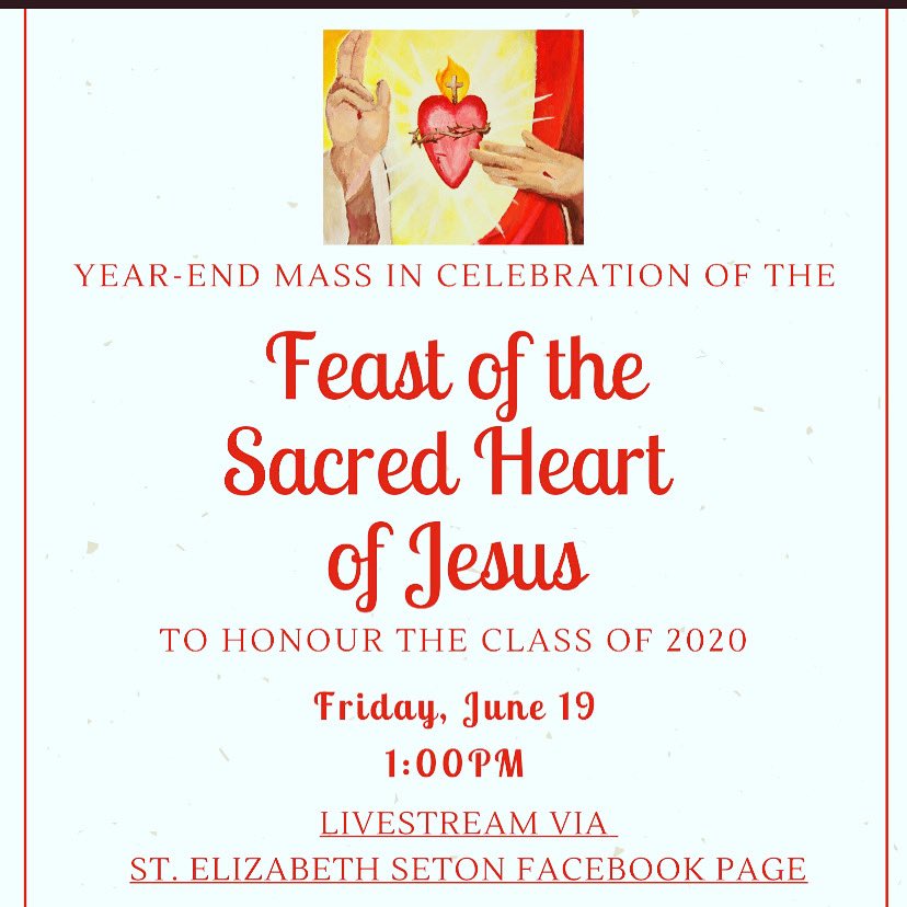 SacredHeartCHS's tweet photo. Join us on June 19 at 1 pm for our annual year-end community mass to celebrate the distinguished Class of 2020 @YCDSB @CruAnnounce @HumansOfSacred ⁦@GuidanceSacred⁩ https://t.co/8E6H8rFgNP