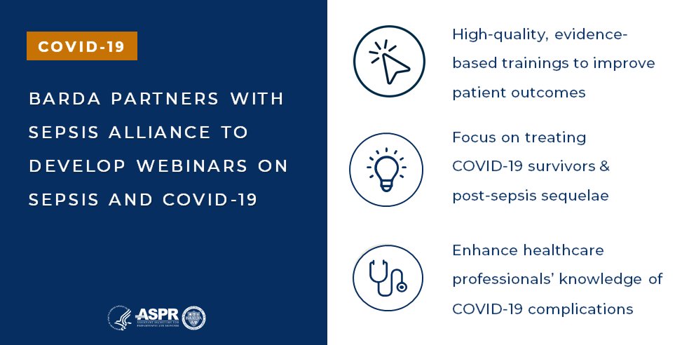 BARDA's tweet photo. BARDA partnering with @SepsisAlliance to develop educational webinars on connections between #COVID19 and #sepsis. Early sepsis treatment & monitoring for long-term effects can improve patient outcomes & #SaveLives. #solvingsepsistogether https://t.co/D09jQn2gOX
#SolvingSepsis https://t.co/8mQ2qys3CH