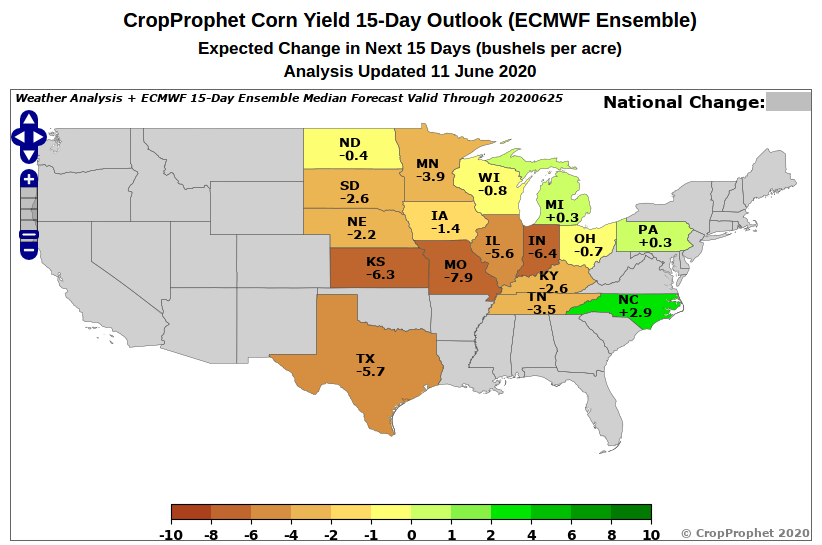 worldagweather's tweet photo. With #agwx heating up for U.S. grains, I recommend taking a look at @CropProphet for quantified yield forecast information - including impacts of future weather on yield/production.  Trials available: https://t.co/D80AWLxbqR  #corn #soybeans #oatt https://t.co/TTa16pTooL