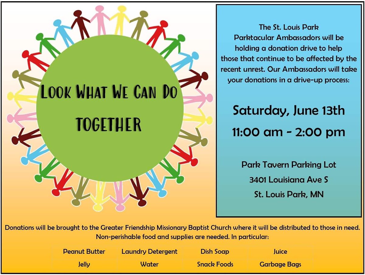 Donate to those who continue to be affected by the recent civil unrest. This Saturday, June 13th, from 11:00am - 2:00pm. We'll be in the Park Tavern parking lot where you can drive-up with your donation.