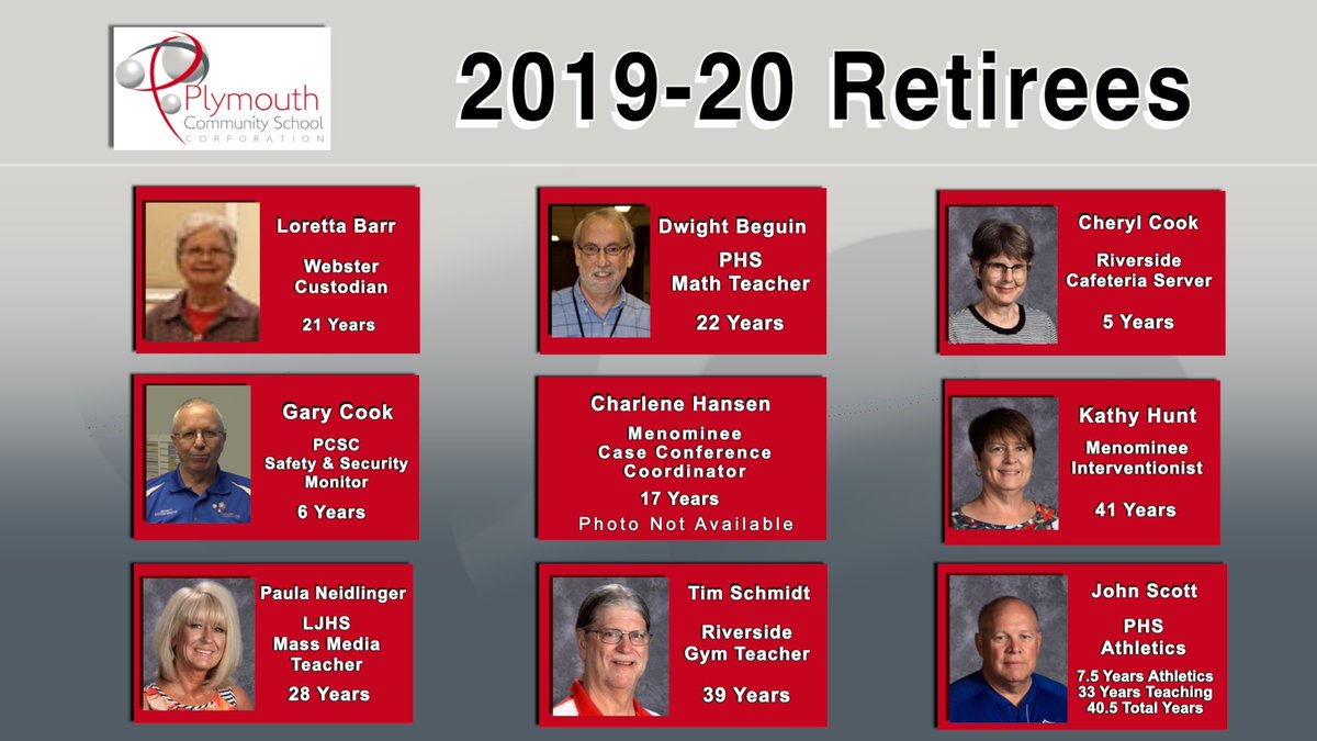 PlymouthCSC_IN's tweet photo. PCSC thanks all nine 2019-20 retirees for their commitment & dedication to Plymouth students & Plymouth schools. We greatly appreciated your support, involvement, and experience throughout the year. Enjoy your well-earned retirement. #PCSCweCARE
https://t.co/sZ4VY0mXn9 https://t.co/H6kK57Y7OR