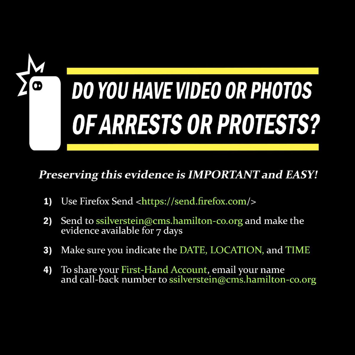 CincMassDefense's tweet photo. #CINCINNATI - if you were arrested, or witnessed arrest, force, or other abuse by LEOs during the #BlackLivesMatter protests - follow the directions below NOW to preserve evidence (managed by Public Defenders) &amp; share widely!

Don’t let a lost/damaged phone mean justice denied! https://t.co/TxjEtTHelB