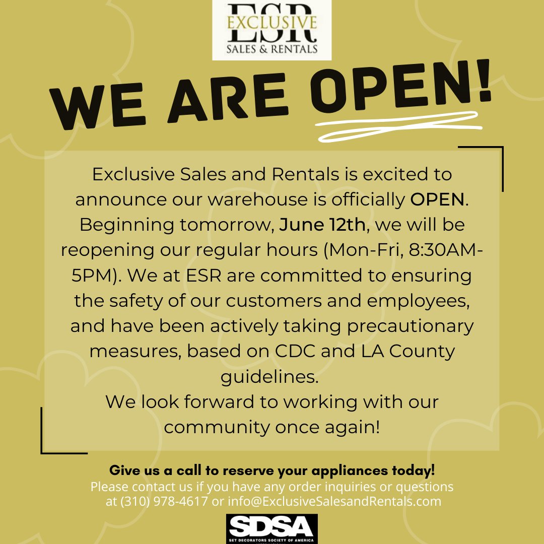 ExclusiveSalesR's tweet photo. We are here to work with you in these unprecedented times and encourage you to reach out to us, so that we may work through this together! We are offering a 15% off discount on all new rentals! Just let us know you saw the promotion here! #EntertainmentIndustry #SDSA #Hollywood https://t.co/umXO2YsMYL